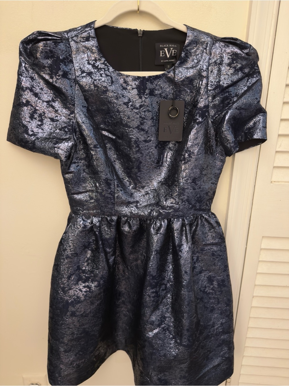 NWT EVE by Black Halo Shimmery Navy Metallic Fit & Flare Mini Dress | Size 2